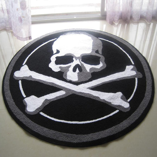 Black White Skull Pattern Round Rug Hand Knit Non-Slip Living Room Sofa Bedroom