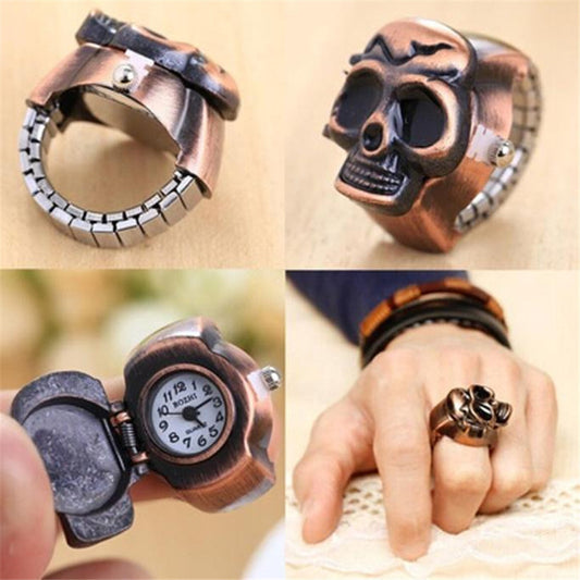 Fashion Unisex Retro Vintage Finger Skull Ring Watch Clamshell Watch