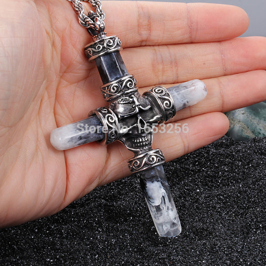 Fashion Vintage Jewelry  Stainless Steel Gothic Biker Large Skull Cross  Pendant Necklace 22" Rope Chain