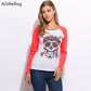 Fashion Women T shirts O Neck Raglan Long Sleeve Pattern Skull Printed Tees LAdies Clothing Patchwork Pullover T Shirt SVH032302