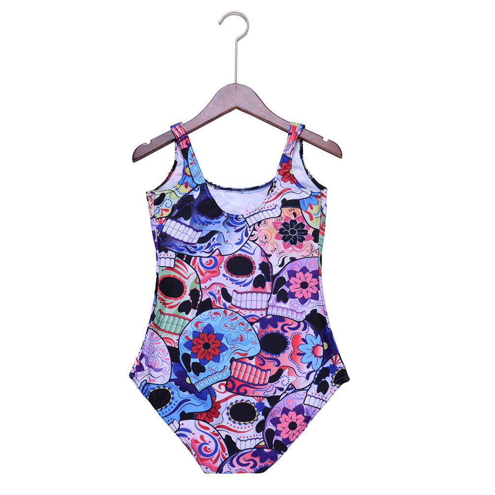 Floral Day Of The Dead Skulls Swimsuit One Piece Bodysuit Colorful Sugar