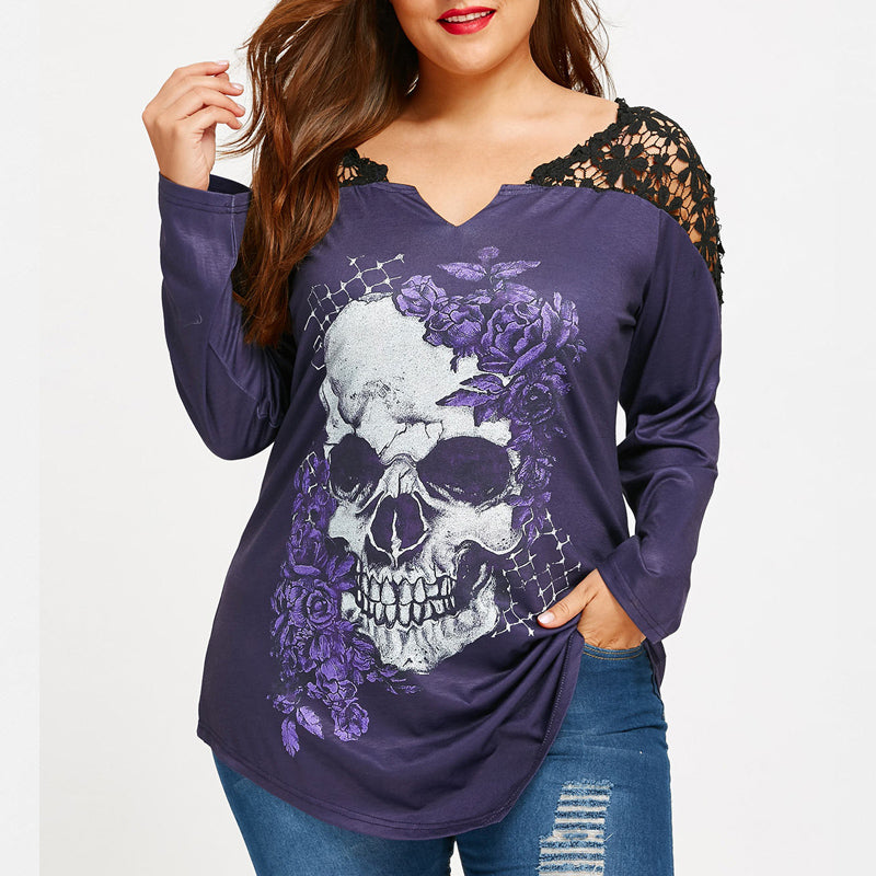 Floral Lace Women's Long Sleeve T Shirt Spring Skull