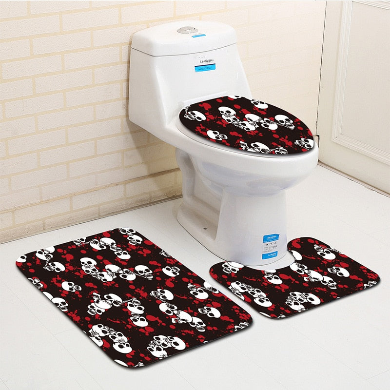 3Pcs Skull Pirate Banyo Paspas Bathroom Carpet U Toilet Bath Mat