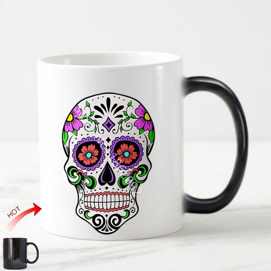 Funny Mexican Sugar Skull Magic Mug Novelty Day of the Dead Skull Coffee Mugs Tea Cups Creative Fashion Gifts Color Change 11oz