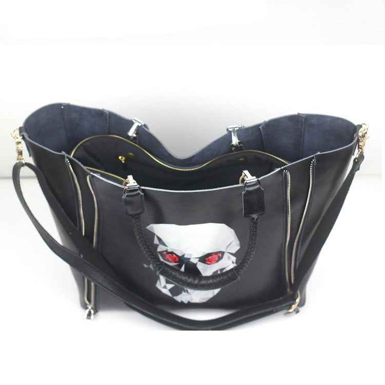 GINIANI Real Leather Female Dual Zippers Big Shopping Tote Bags Fashion Black Rock Style Skull Painting Large Handbags