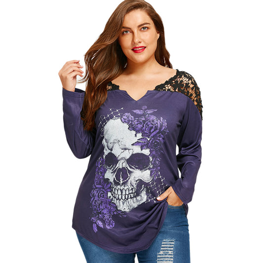 Women Plus Size T-Shirt 5XL Lace Crochet Skull Print Asymmetrical Graphic Tees Sexy T Shirts Long Sleeve Loose Tops