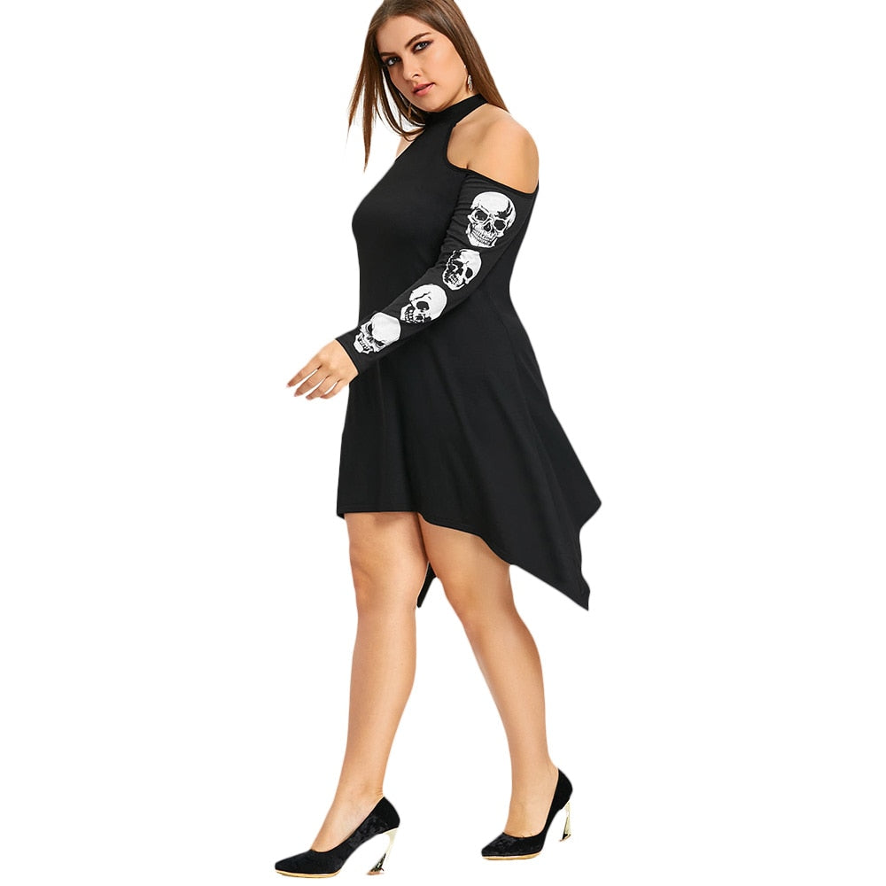 Gamiss Plus Size XL-5XL Cold Shoulder Skulls Dress Women Autumn Mock Neck Long Sleeve Cut Out Dress Casual Vestidos De Festa