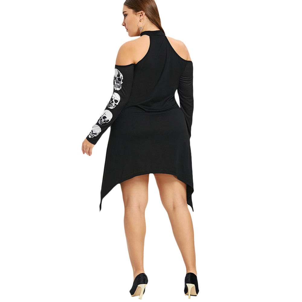 Gamiss Plus Size XL-5XL Cold Shoulder Skulls Dress Women Autumn Mock Neck Long Sleeve Cut Out Dress Casual Vestidos De Festa