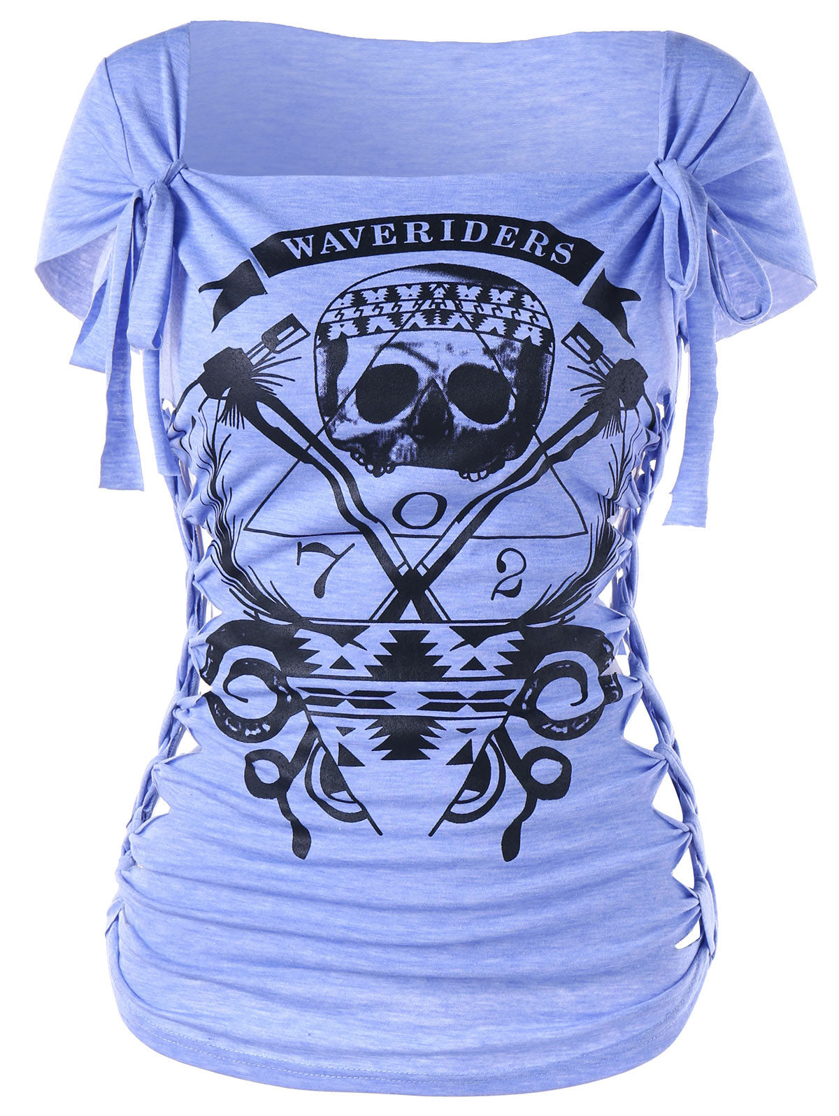 Skull Print Braided Shredding T-Shirt Women Summer Casual Square Neck