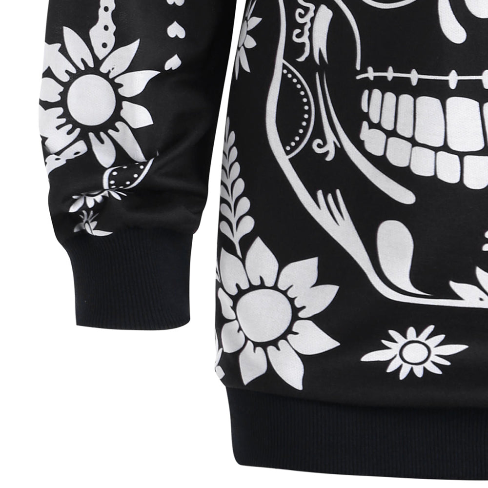 Women Monochrome Hoodie Plus Size 5XL Floral Skull Tunic Hoodie Sweatshirt