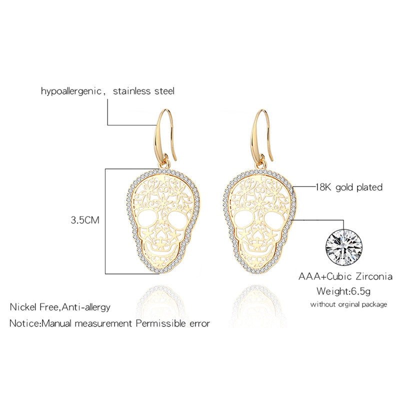 Gold Color Hollow Skull Earrings Trendy Shining CZ Crystal Drop Earrings