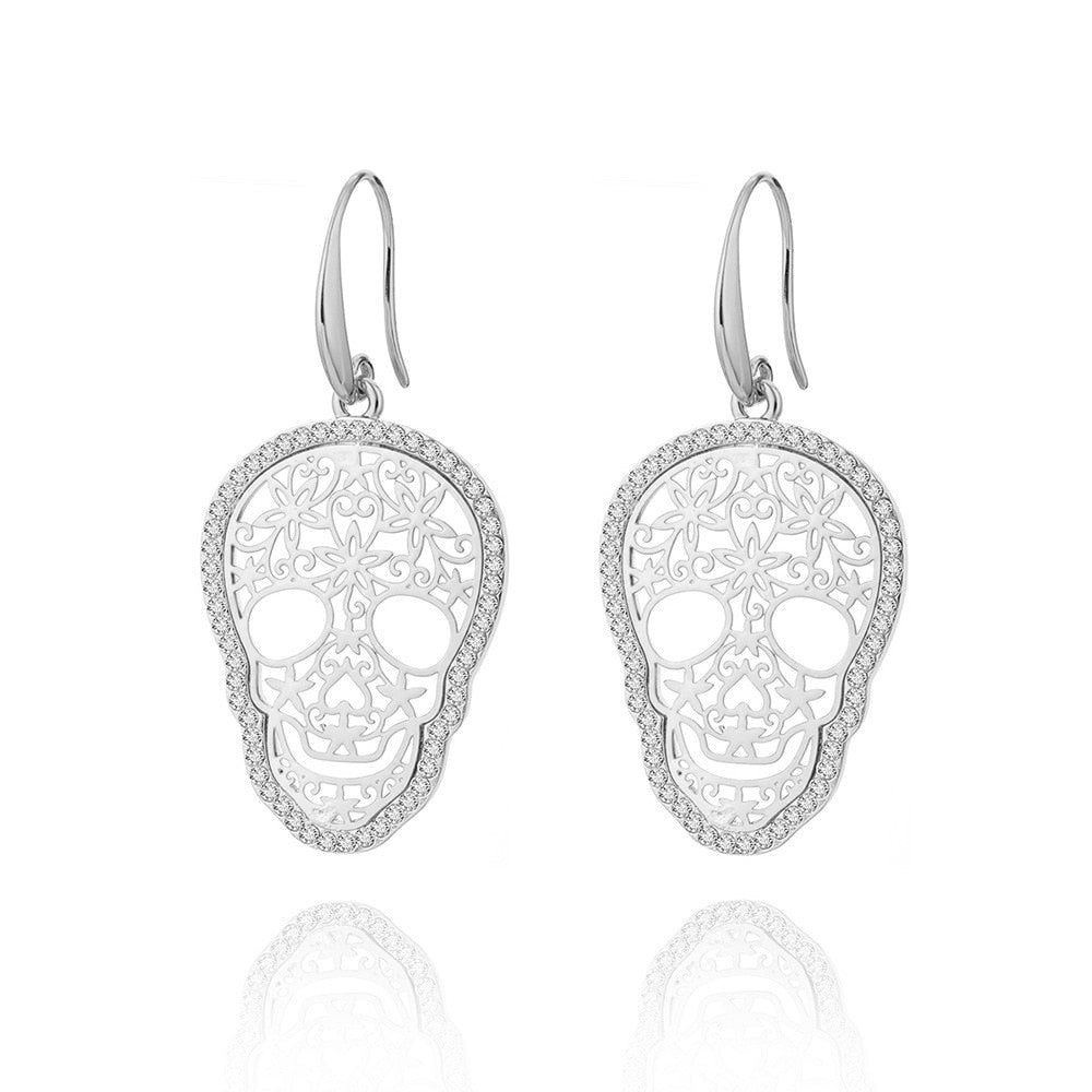 Gold Color Hollow Skull Earrings Trendy Shining CZ Crystal Drop Earrings