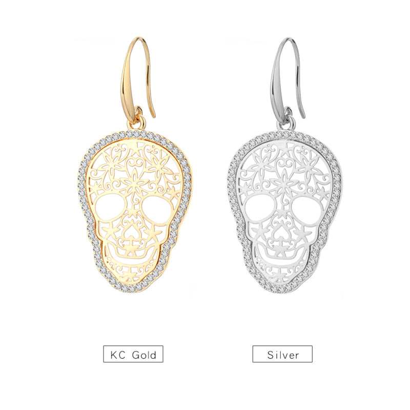 Gold Color Hollow Skull Earrings Trendy Shining CZ Crystal Drop Earrings