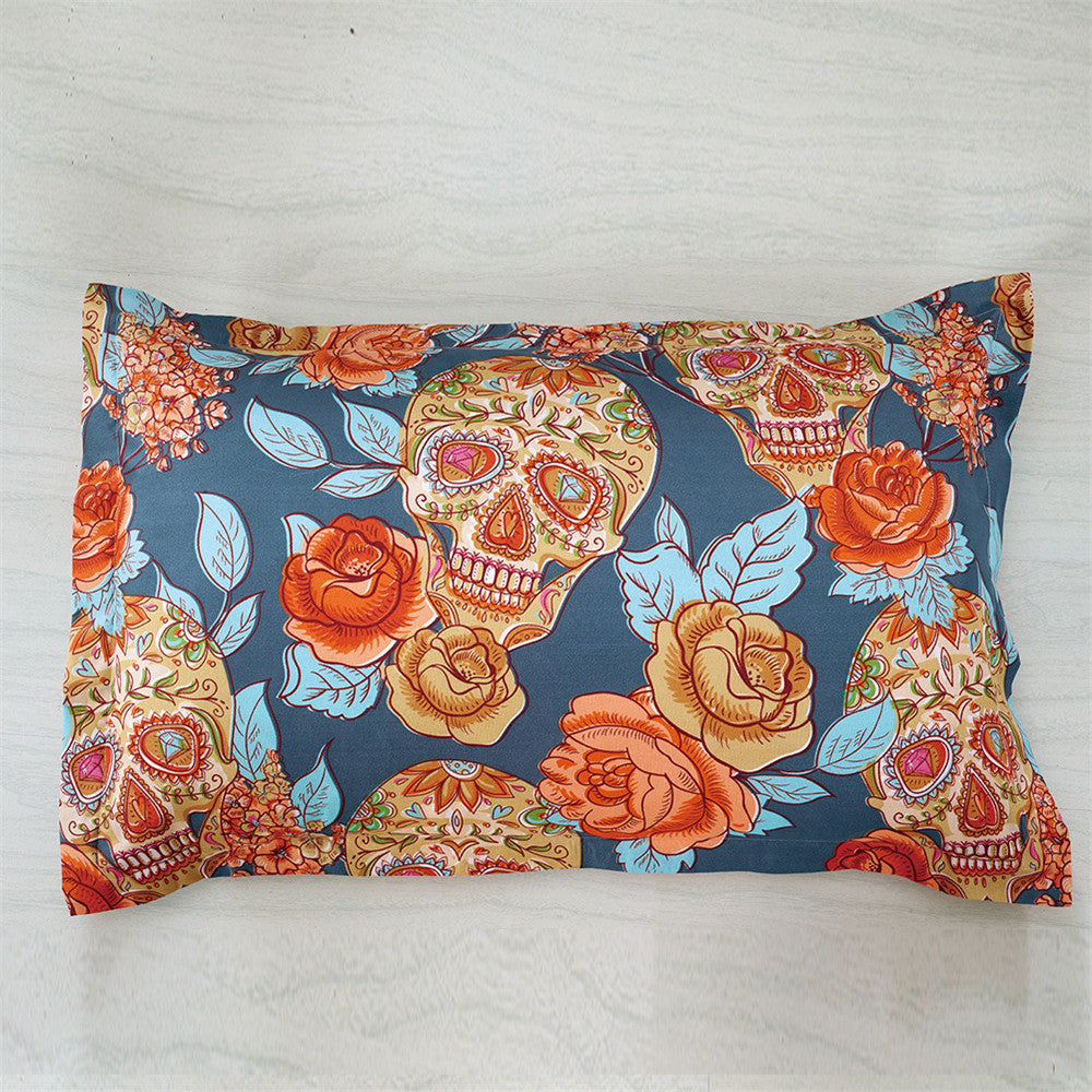 Golden Sugar Skull Bedding Set King Queen Size Flowers Print 4Pcs