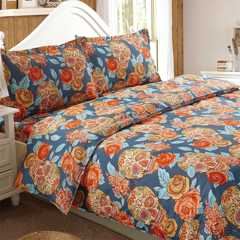 Golden Sugar Skull Bedding Set King Queen Size Flowers Print 4Pcs