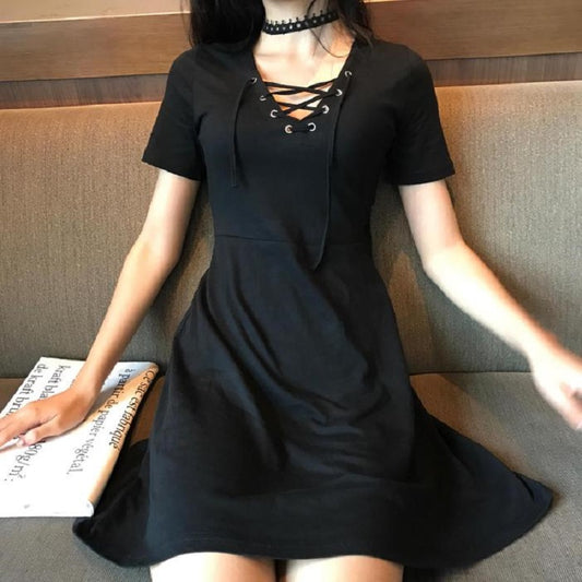 Gothic Bandage Women'S Vintage Dress Short Sleeve V-Neck Mini Slim Dresses Harajuku