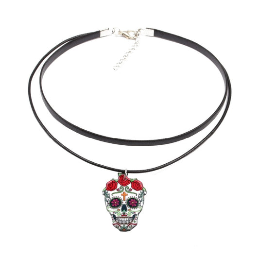 Gothic Punk Style Flower Sugar Skull Charm Necklace Tattoos skeleton