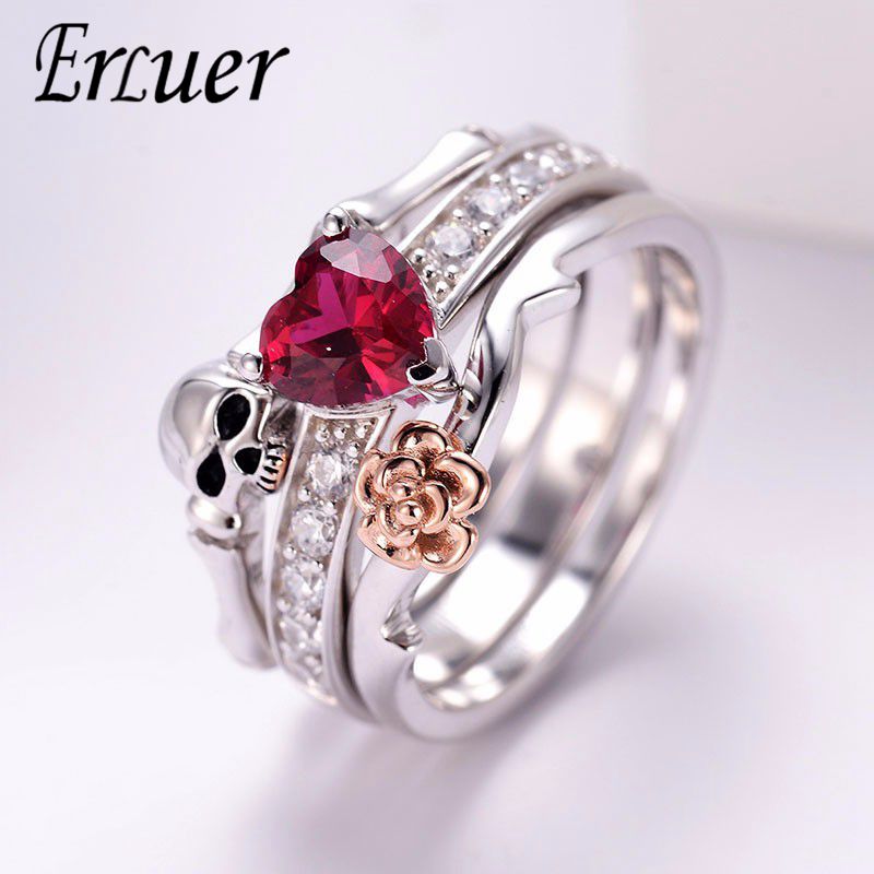 Gothic Skull Finger Silver female wedding rings set For Women Girl Red Heart Crystal CZ Rose Flower Trendy Jewelry Gift ring