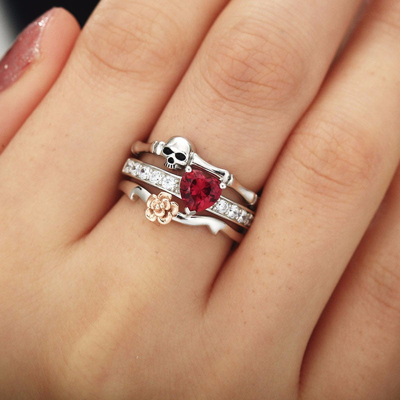 Gothic Skull Finger Silver female wedding rings set For Women Girl Red Heart Crystal CZ Rose Flower Trendy Jewelry Gift ring