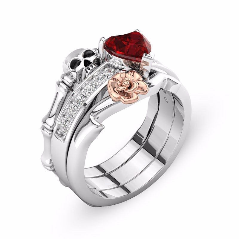 Gothic Skull Finger Silver female wedding rings set For Women Girl Red Heart Crystal CZ Rose Flower Trendy Jewelry Gift ring