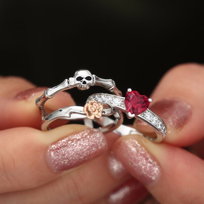 Gothic Skull Finger Silver female wedding rings set For Women Girl Red Heart Crystal CZ Rose Flower Trendy Jewelry Gift ring