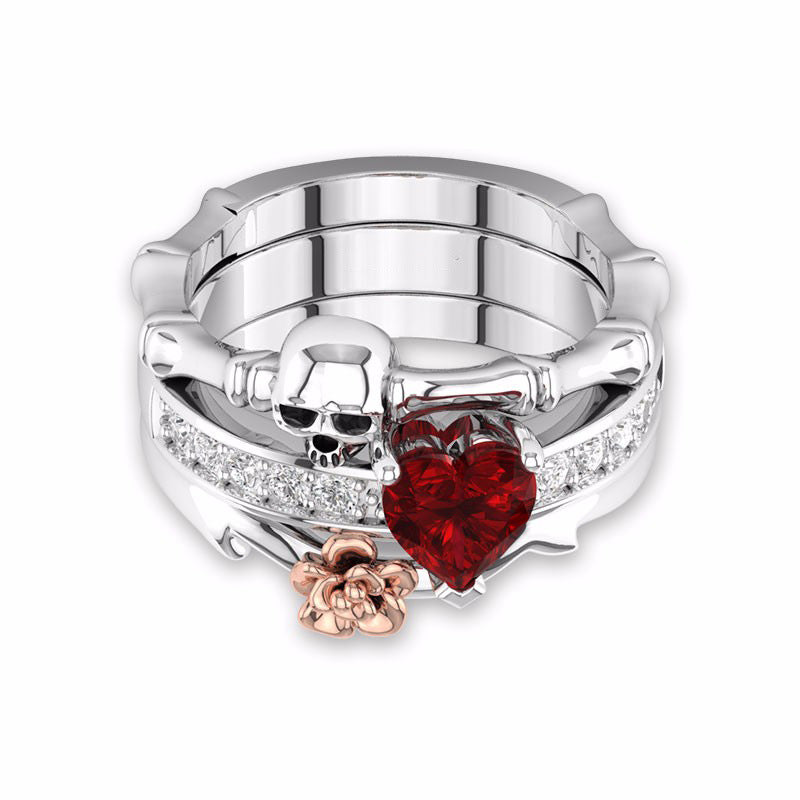 Gothic Skull Finger Silver female wedding rings set For Women Girl Red Heart Crystal CZ Rose Flower Trendy Jewelry Gift ring