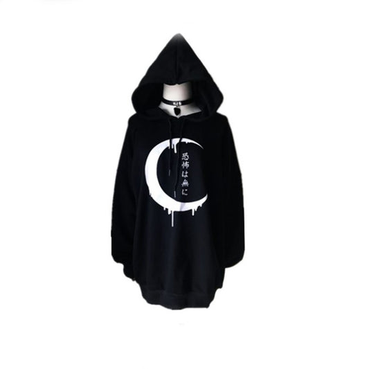 Gothic Women Hoodies Long Sleeve Japanese Moon Print Pullover Loose Hoody Black Thin Sweatshirt