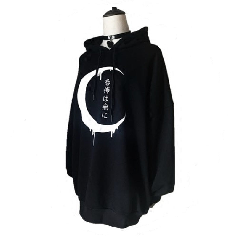 Gothic Women Hoodies Long Sleeve Japanese Moon Print Pullover Loose Hoody Black Thin Sweatshirt