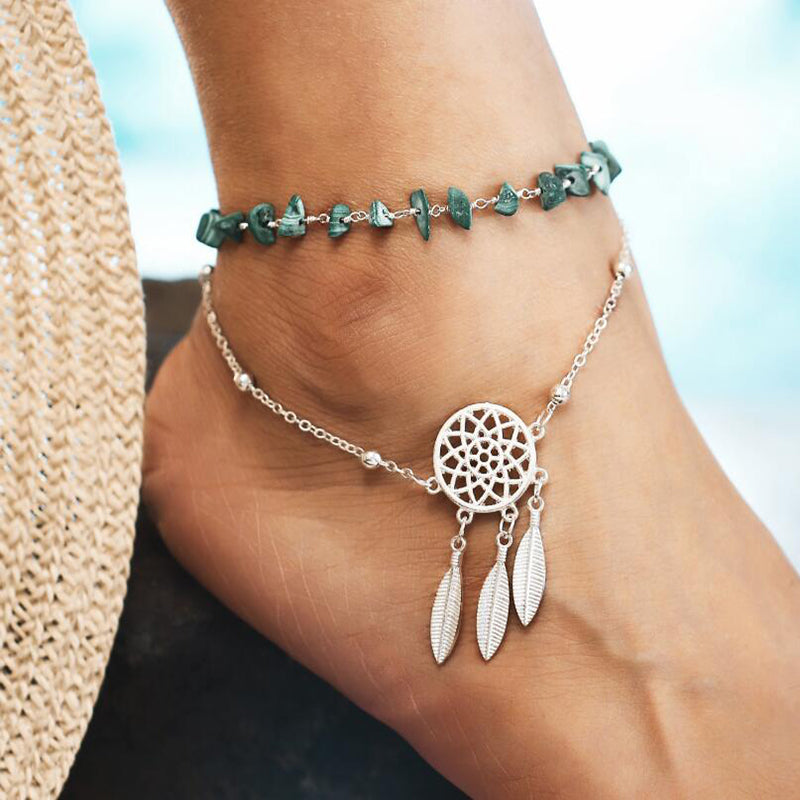 Grace Moments Bohemia Handmade Irregular Stones Anklet For Women Lucky Dreamcatcher Alloy Chain Summer Beach Foot Jewelry