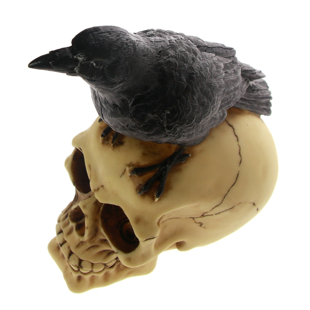 Grim Gothic Perched Raven on Skull Statue Black Bird Crow Skeleton Figurine