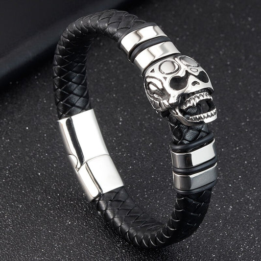 Gothic Smile Skull Leather Bracelet Men Vintage Bangles Stainless Steel