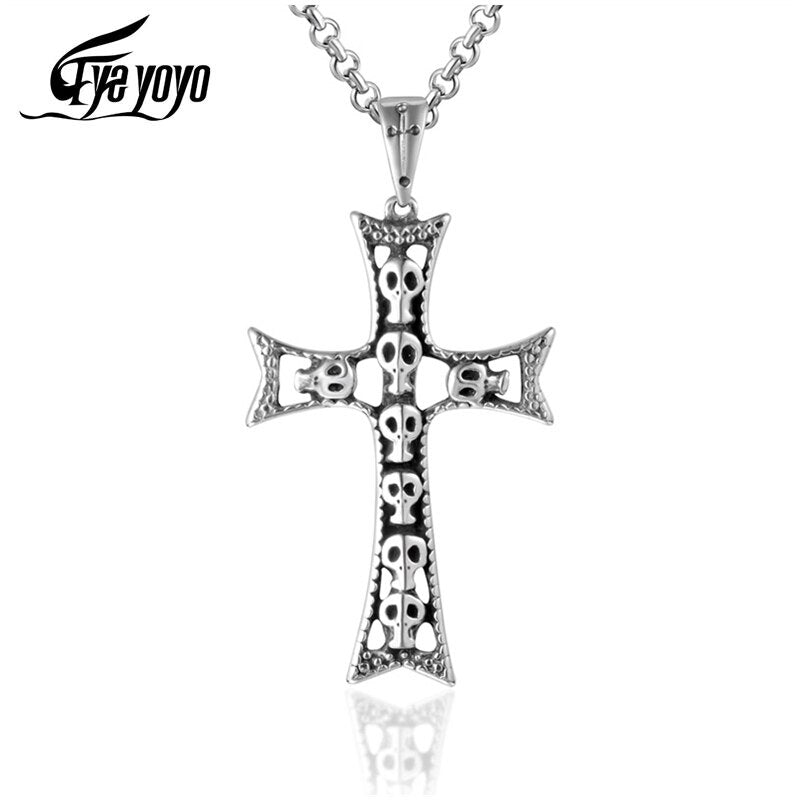 Punk Skull Devil Head Pendant Alternative Cross Men's Titanium Steel Necklace