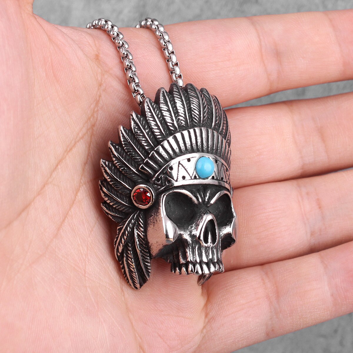 Indian Chief Skull Long Men Necklaces Pendants Chain Punk