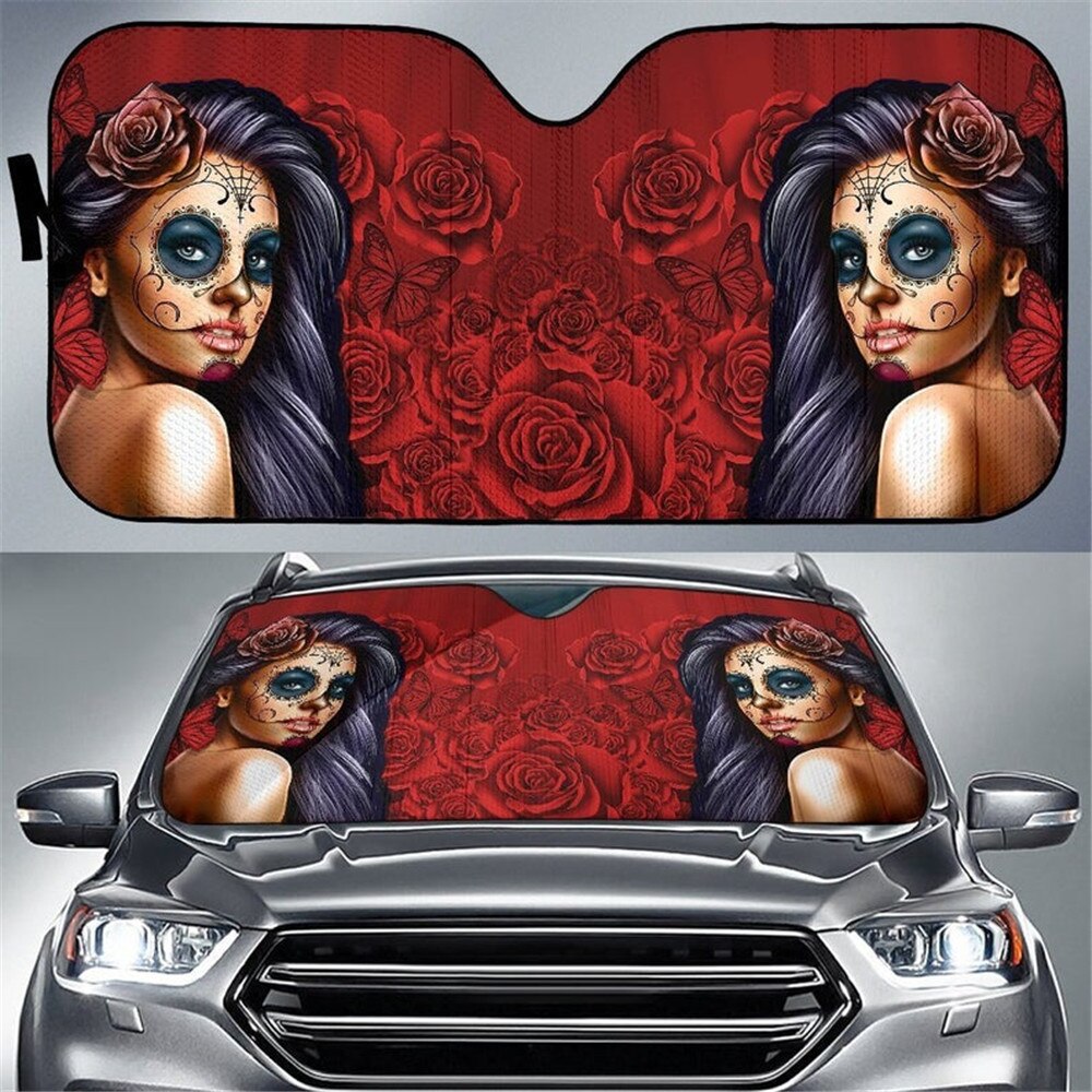 Calavera Girl Floral Stylish Design Heat Reflector Women's Windshield Sun Shade