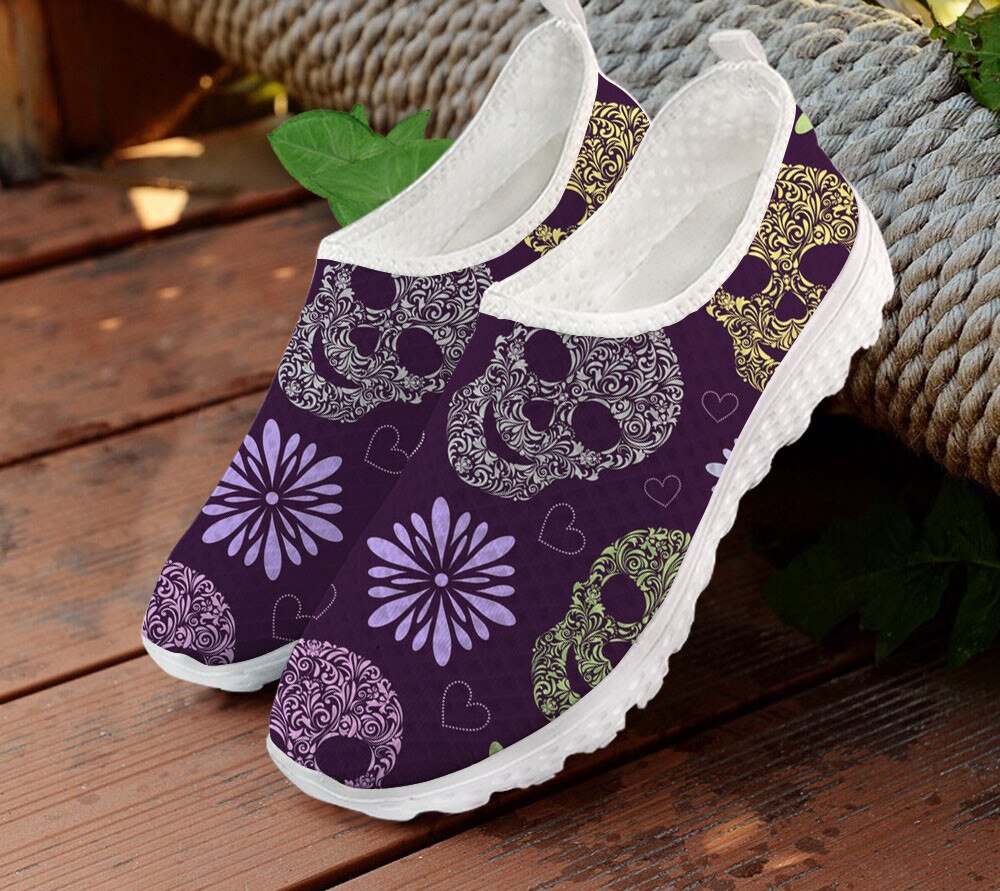 Breathable Ladies Mesh Flat Shoes Brand Design Sugar Skull