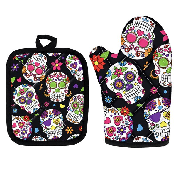 Set of 2 pcs Kitchen Cooking Microwave Oven Golves Sugar Skull Pattern