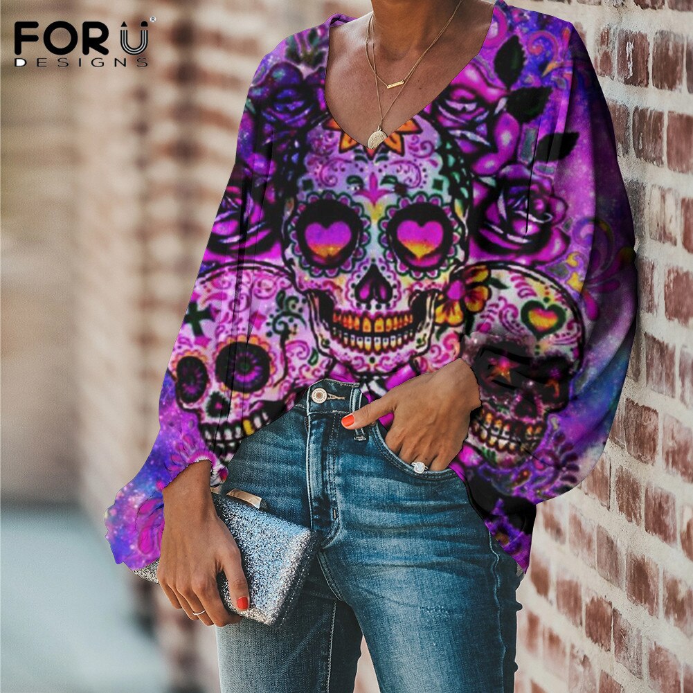 Sugar Skull With Flower Pattern Ladies Loose V Neck Casaul Balloon Sleeve