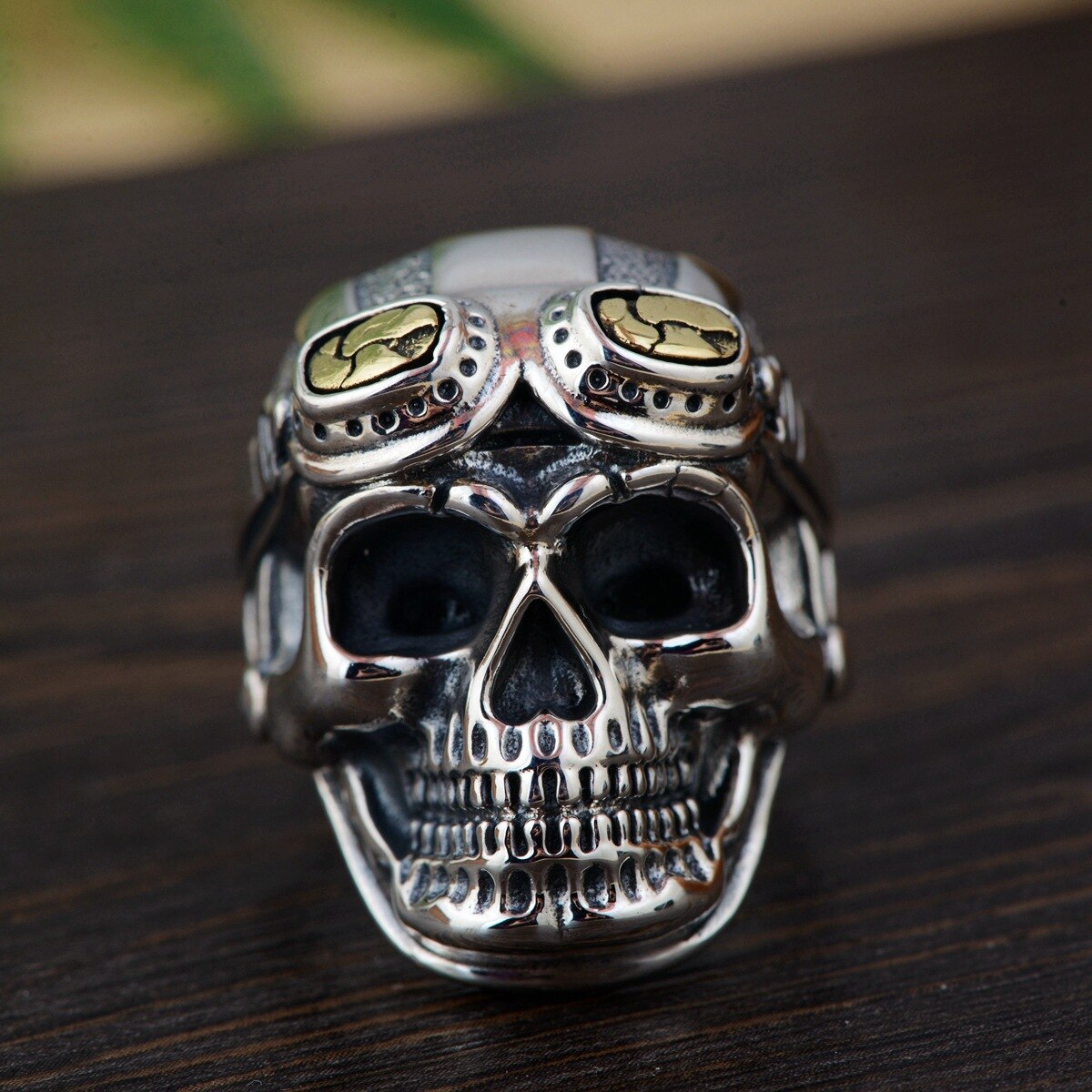 Personalized Biker Rings For Men Genuine 925 Sterling Silver Skull Head With Pilot Glass