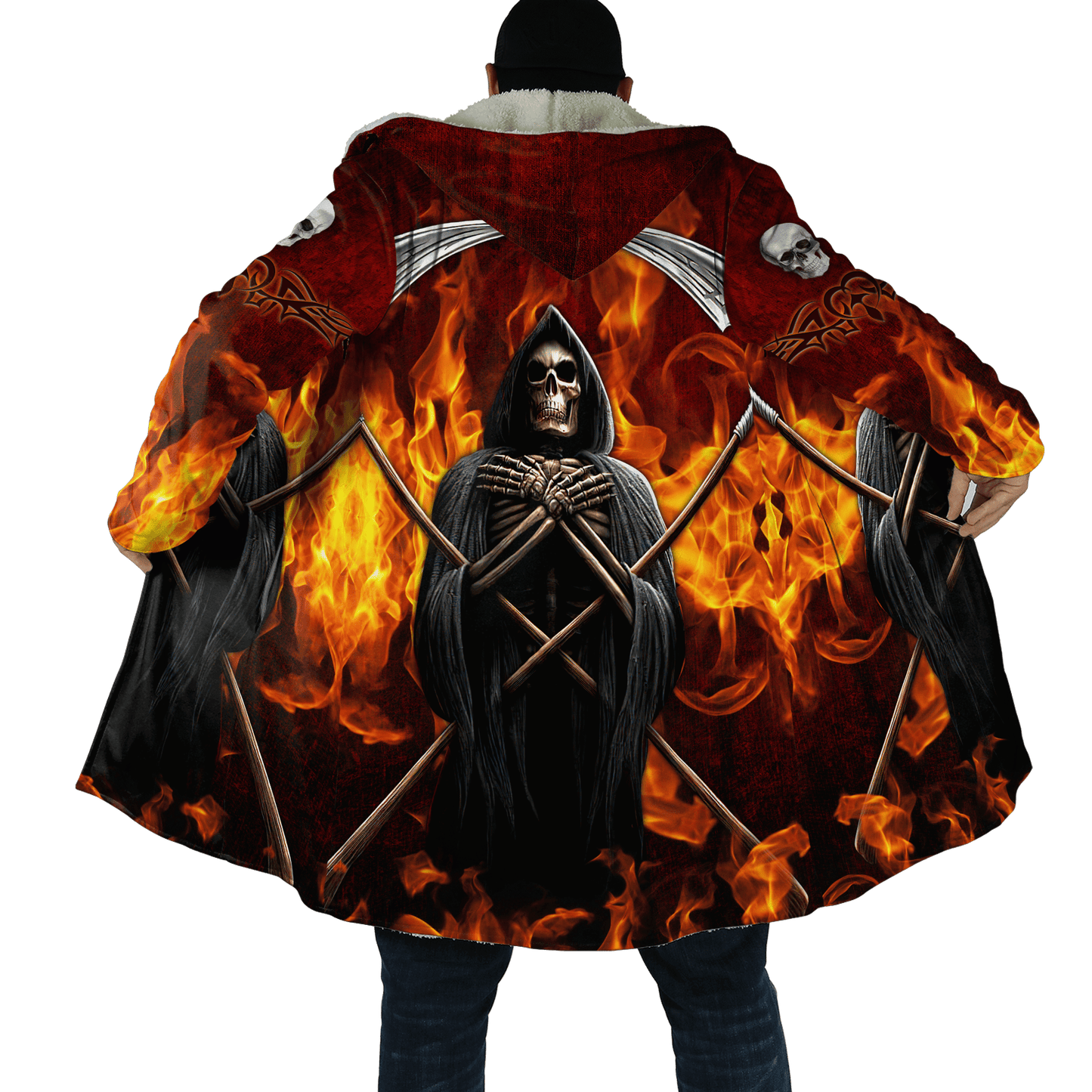 Winter Mens Cloak Gothic Reaper Skull Tattoo Fleece Hooded Cloak Coat Unisex Casual Thick Warm Cape coat, Halloween cloak coat