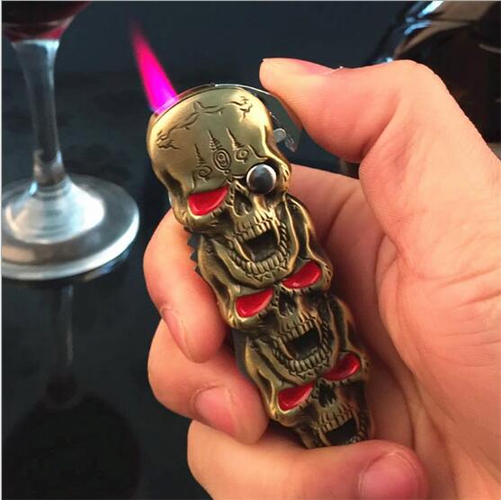 Small skull gas inflatable lighter with kinife Multi-function windproof outdoor tool