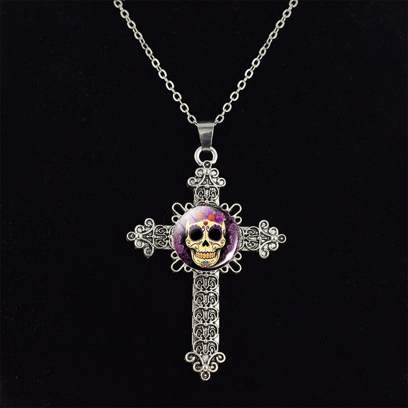 Sugar Skull Picture Glass Dome Cross Pendant Chain Necklace Punk Jewelry