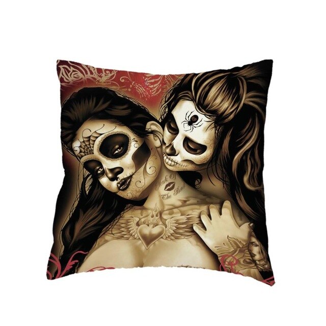 Colorful Sugar Skull Polyester Cushion Cover White Mexican Style