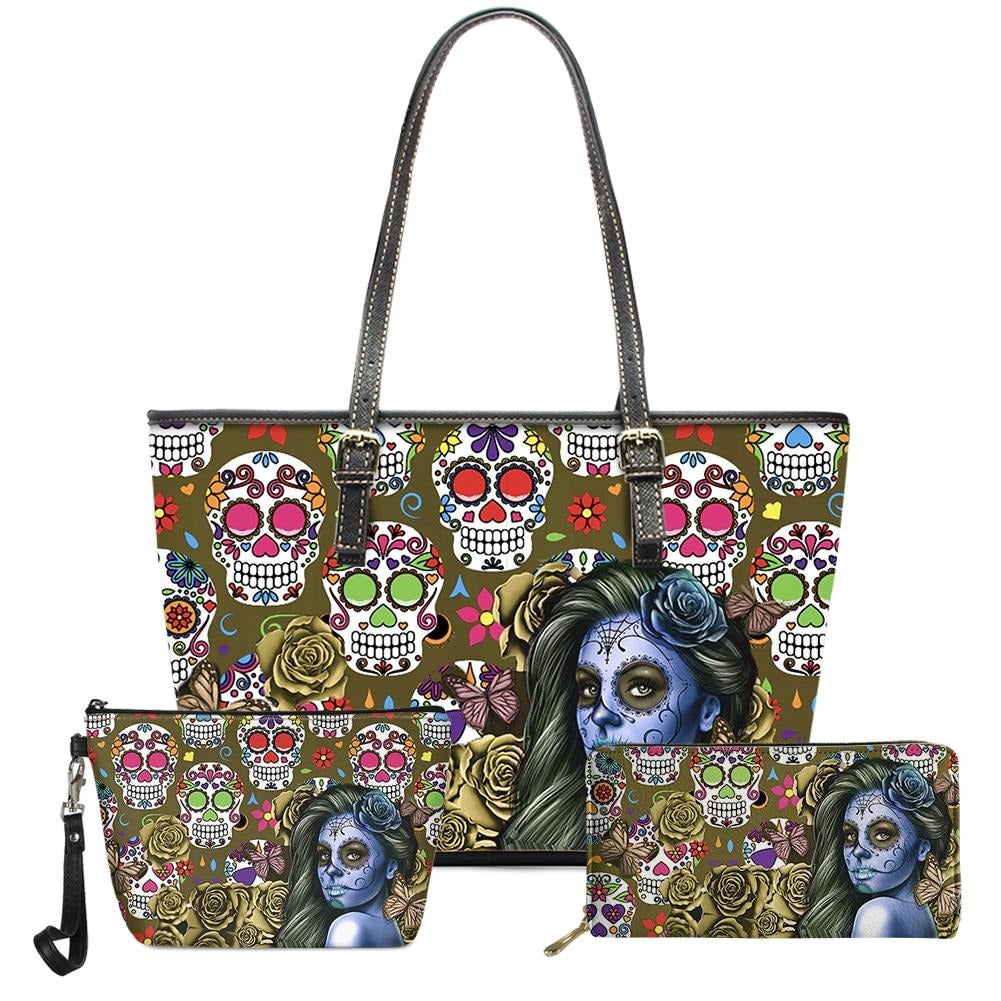 3pcs Fashion Sugar Skull Girl Pattern PU Leather Handbags Women Bag Set