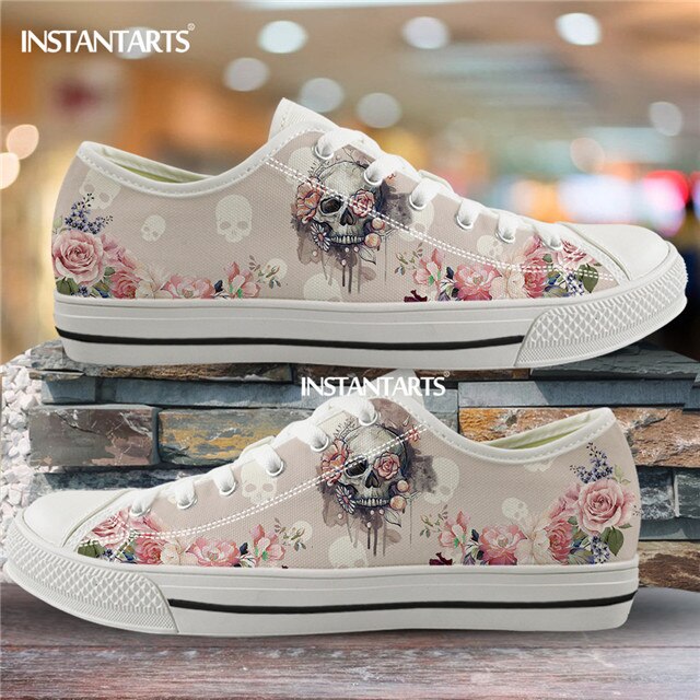 Street Skull Flower Canvas Shoes for Women Men Brand Design