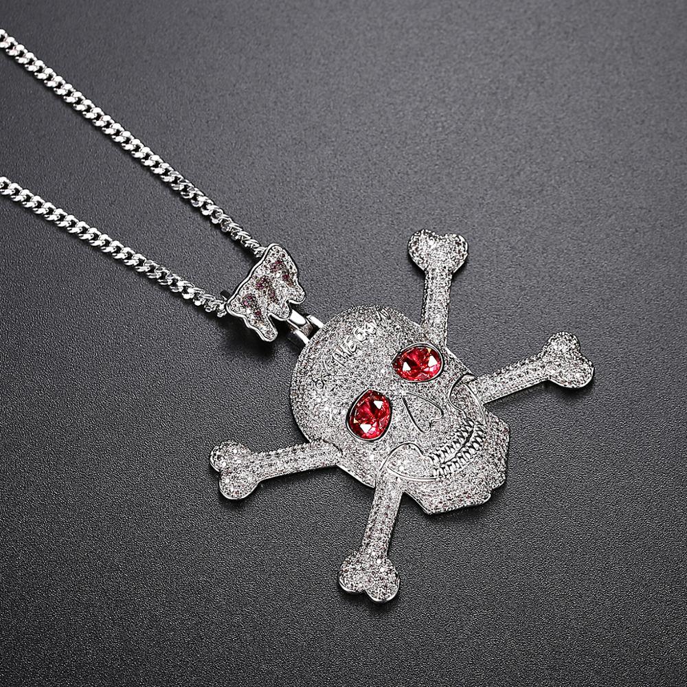 Full Rhinestone Punk Red CZ Stone Skeleton Skull Pendants Necklaces