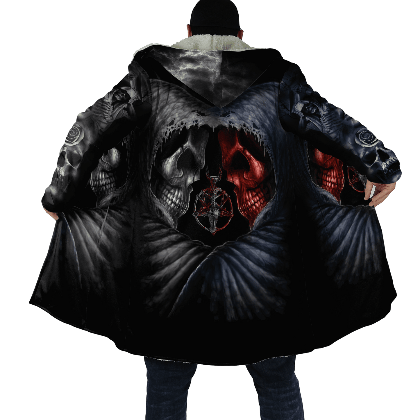 Winter Mens Cloak Gothic Reaper Skull Tattoo Fleece Hooded Cloak Coat Unisex Casual Thick Warm Cape coat, Halloween cloak coat