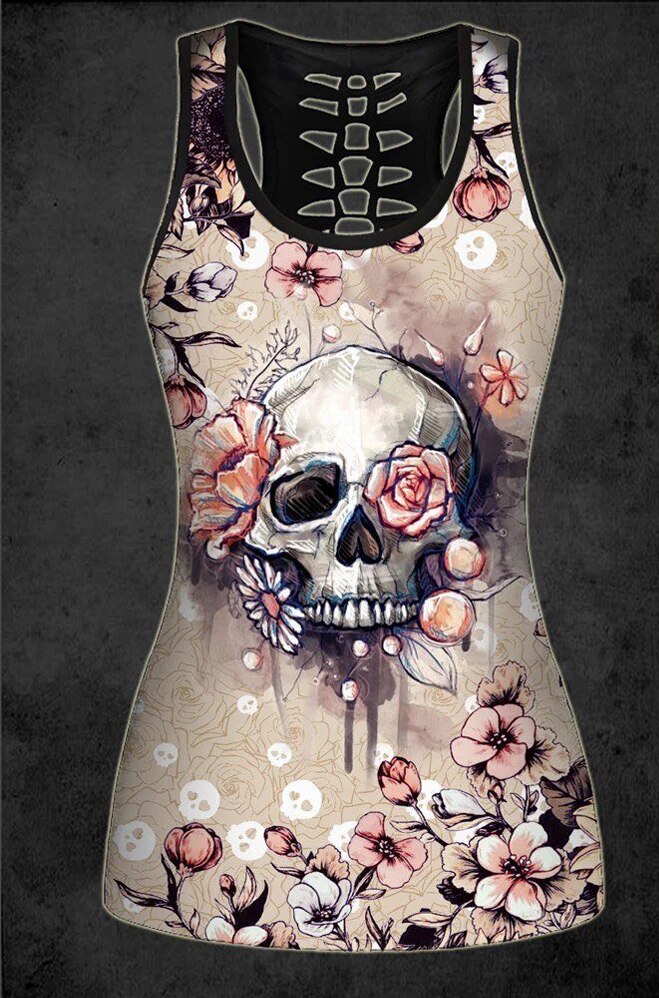Set of 2 Skull Flowers Hollow Tank top and leggings