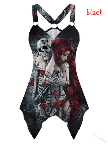 Gothic Tshirt Skull Print Tops Shirt with Narrow Straps Women Irregular V-neck Plus Size