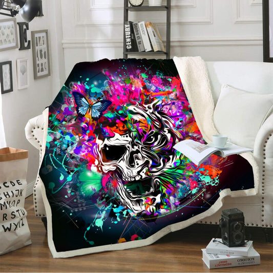 Double layer sugar skull blanket throw for sofa faux fur throw blanket