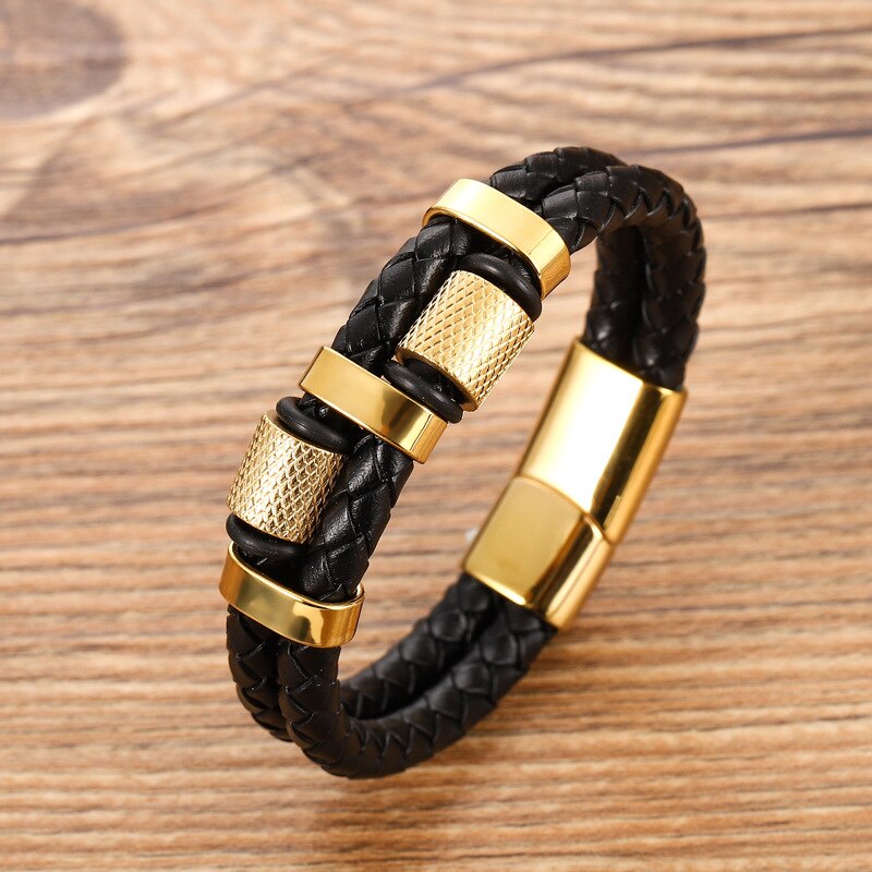 Hot Selling Men's Leather Bracelet Gold Stainless Steel